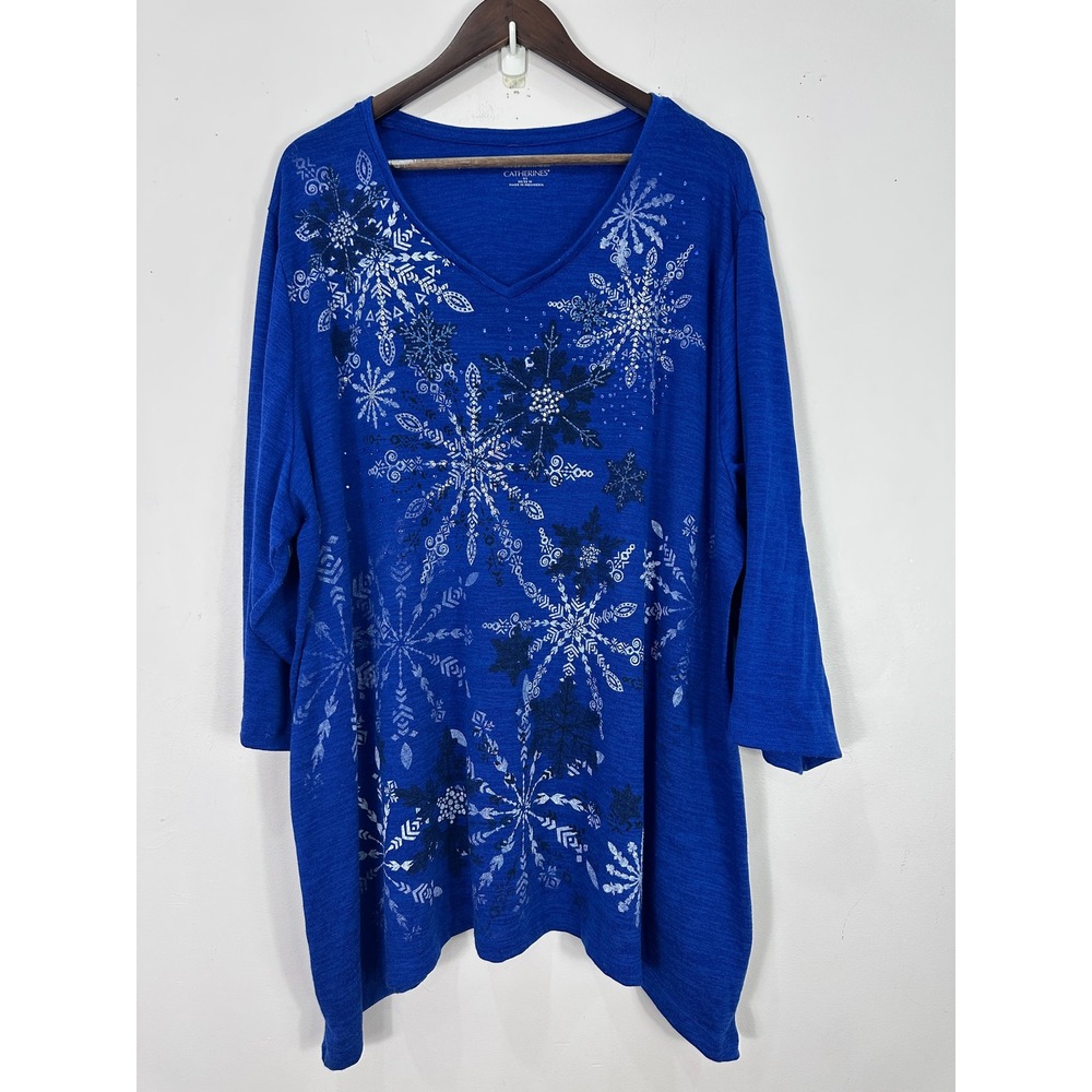 Catherines Tunic Top Women 4X Blue Snowflake Sharkbite Hem V-Neck Winter Holiday